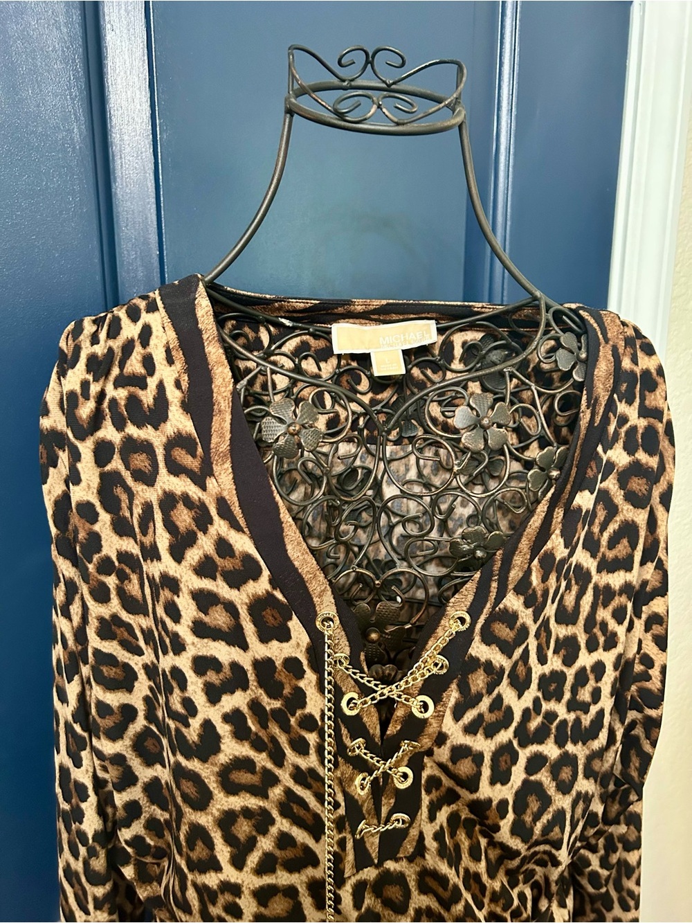 Michael Kors Leopard Print Long-Sleeve Tie-Waist Dress - Brown - Picture 4 of 5